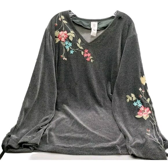 Fisher Hill Womens Grey Knit Top Size 3XL Hand Embroidered Vintage Tunic - Picture 1 of 9